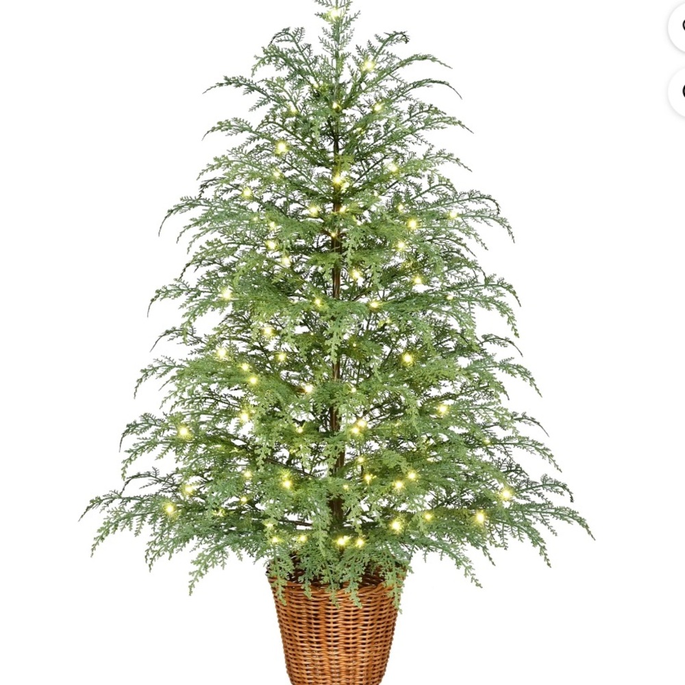 Illuminated Green Holiday Tree in Wicker Basket